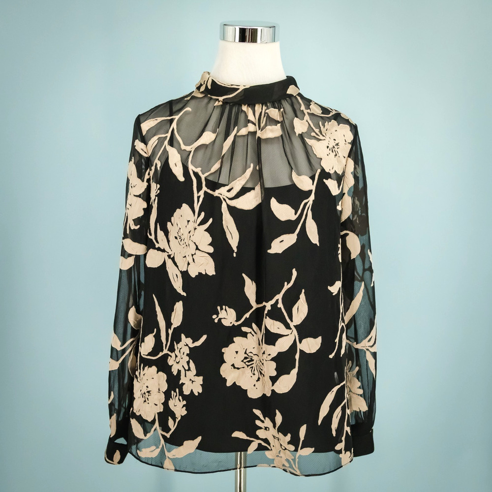 Ports 1961 Size 8 Black Floral Print Sheer Mesh Tie Mock Neck Long Sleeve Top